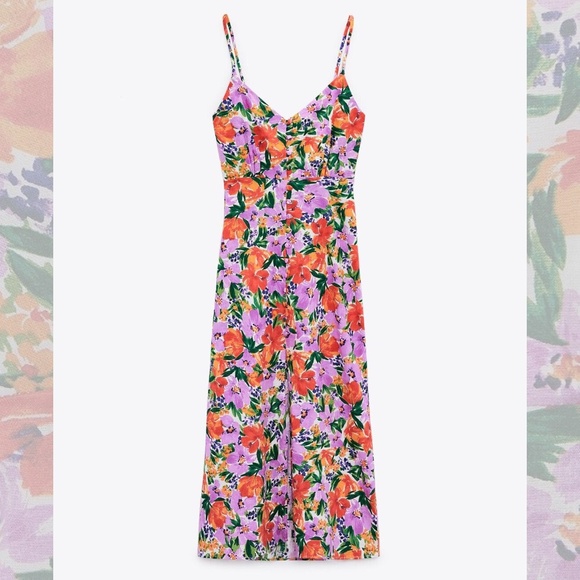 Zara NWT Linen Blend Floral Print Midi Dress - Picture 6 of 11